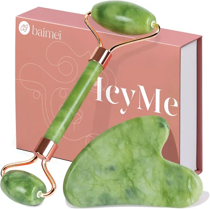 Jade gua sha and roller facial tool set for lymphatic drainage