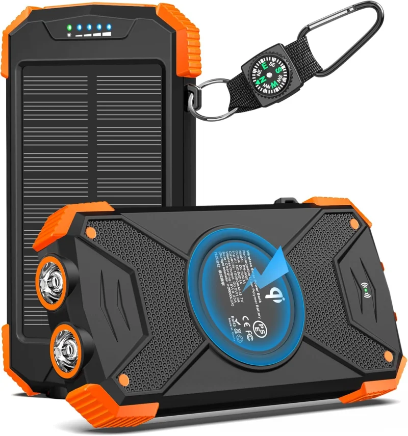 Solar power bank charger with dual USB outputs and LED flashlight