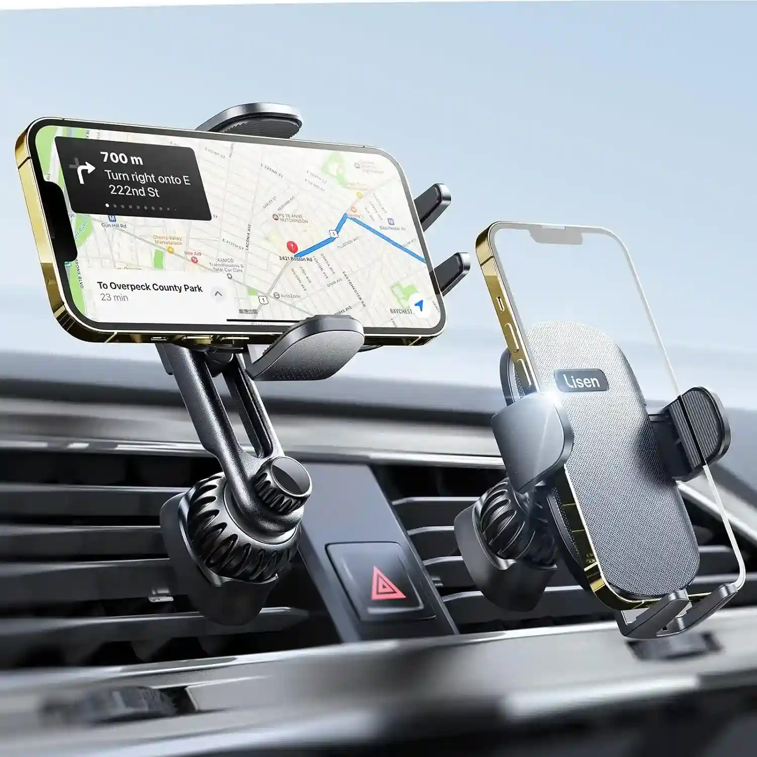 Car phone mount holding a smartphone, demonstrating its use in a vehicle