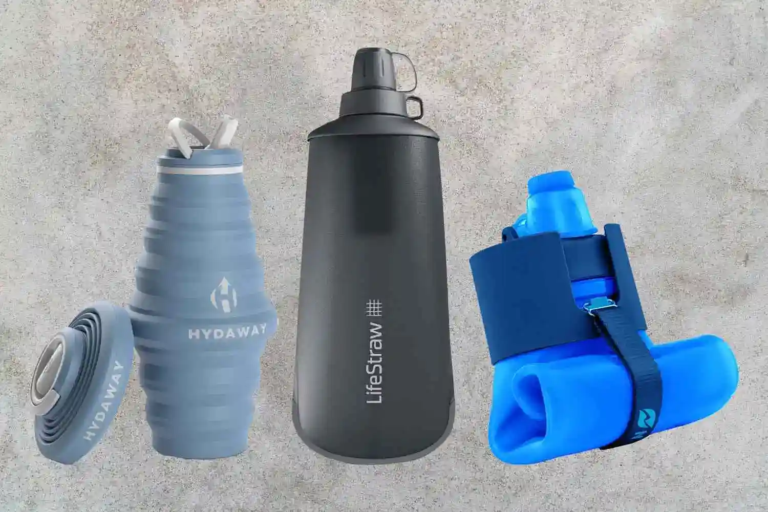 Collapsible water bottle shown both expanded and collapsed, demonstrating its space-saving feature