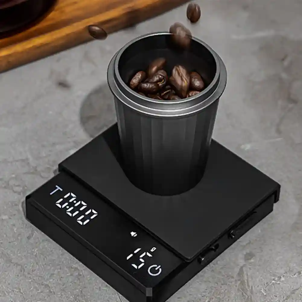 Smart Coffee Scale showing real-time data on a smartphone